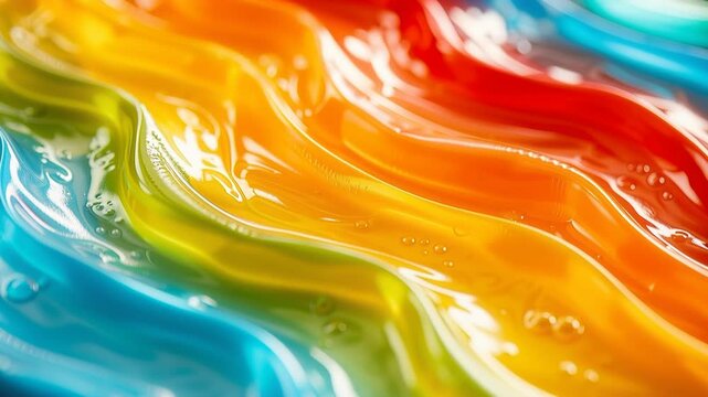 Macro view of a transparent cosmetic rainbow colored gel with a wavy texture slowly flowing