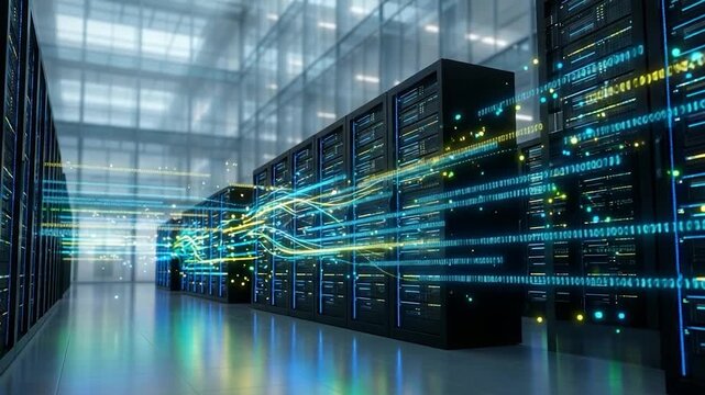 Data Center: A server room shows the complex and interconnected systems that drive today's digital landscape, the image conveys a sense of technological advancement, security, and efficiency