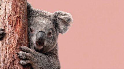 Fototapeta premium Koala Hugging Tree Trunk in an Educational Biodiversity Concept Image