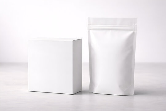 Blank White Box and Stand-Up Pouch Packaging Mockup on Clean Background