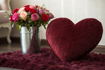 Romantic Home Decor, Valentine&rsquo;s Day Interior Design Scene and Burgundy Heart Pillow with Roses on Cozy Rug