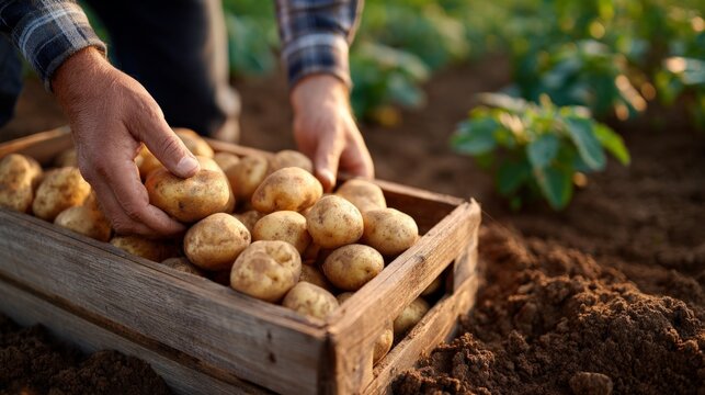 Farmer harvesting potatoes in field during sunny day