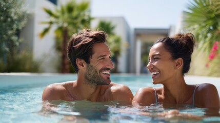 Smiling young caucasian couple enjoying relaxing pool day outdoors