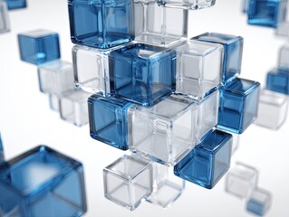 Obraz premium Close-up view of 3D cubes, transparent blue and white colors, arranged for geometric abstraction