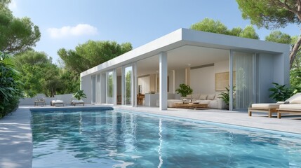 Fototapeta premium Modern minimalist villa with pool surrounded by lush greenery under clear sky