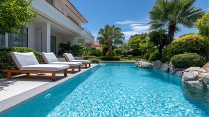 Fototapeta premium Luxurious modern villa with poolside lounge in tropical garden setting