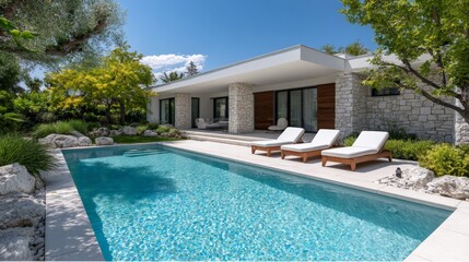 Modern luxury villa with pool and patio in lush green garden setting