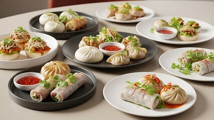 Fototapeta premium Assorted Asian dumplings and spring rolls on multiple plates with dipping sauce.