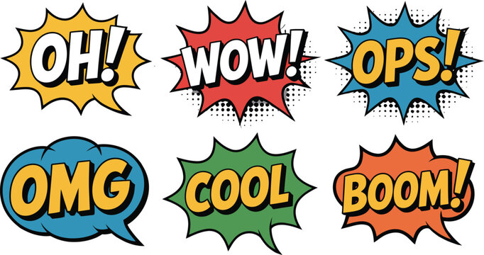Comic book style speech bubbles with exclamations convey strong emotions and reactions.