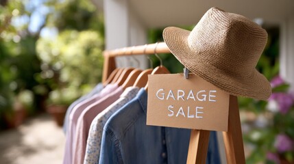 Clothing rack at garage sale with straw hat and sign in outdoor setting