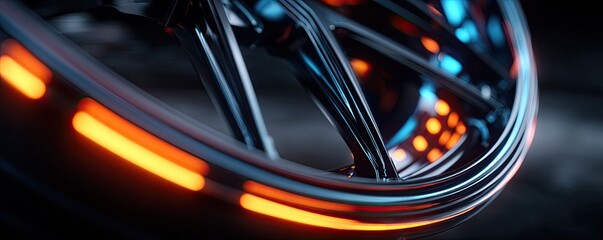 Close-up of a dark, metallic wheel with glowing orange and blue lights, with dramatic reflections