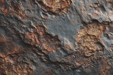 Textured close-up of weathered, multi-toned stone surface with embossed spiral patterns