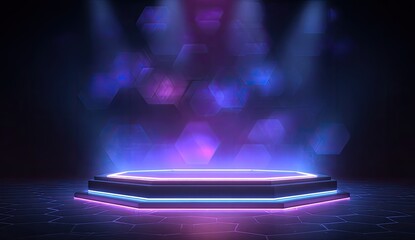 Illuminated hexagonal stage with bokeh effect, lit by spotlights, in shades of purple and blue