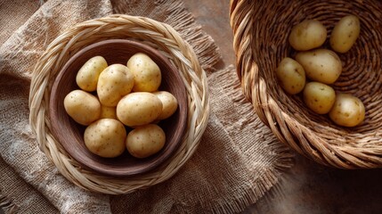 Fresh potatoes in rustic wicker baskets on burlap fabric background