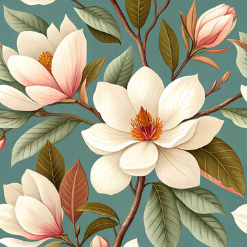 Seamless vector pattern with blooming magnolia isolated on a changeable background. Vintage painting style illustration.