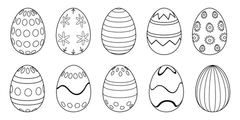 Easter eggs coloring pages for kids with simple hand drawn outlines. Black and white vector set for children coloring books, preschool worksheets, education and holiday crafts.