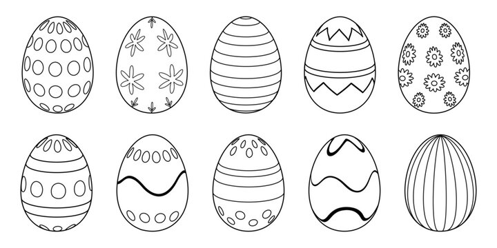 Easter eggs coloring pages for kids with simple hand drawn outlines. Black and white vector set for children coloring books, preschool worksheets, education and holiday crafts.