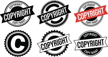 Obraz premium Six different black and white copyright stamps and seals signify intellectual property.