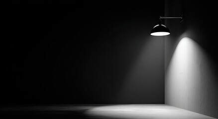 A simple, dark room illuminated by a single overhead light, creating stark shadows