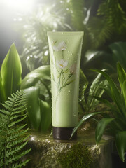 Green Hydrating Lotion Tube on Mossy Stone , A natural Skincare Product, Organic Beauty, Refreshing Tropical Setting on natural forest background