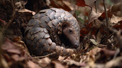 Fototapeta premium Pangolin Curled Defensively in Its Natural Habitat on Forest Floor