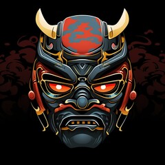 Intricate horned Oni mask with metallic detailing and crimson backdrop for dark fantasy art
