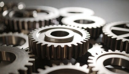 complex mechanical gear system with a metallic sheen