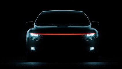 Naklejka premium Illuminated electric car front view, low-key lighting, headlights glowing, sleek design, dark background