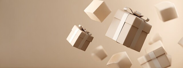 Floating gift boxes with ribbons against a warm, neutral background. Focus on boxes with bow