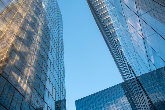 Vertical glass skyscraper facade with sky reflection showing modern corporate architecture in urban business district with clean lines