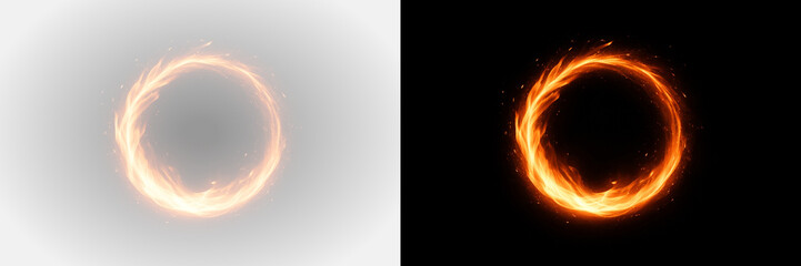 Realistic burning fire circle, flaming ring with sparks and glowing embers, abstract magic portal frame effect, isolated illustration on transparent background. © Poliak