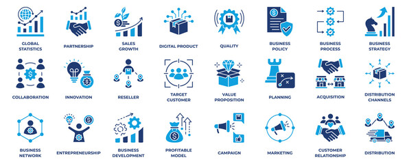 Fototapeta premium Business Concept flat blue icon collection. Business Model, Value Proposition, Market Research, Strategic Planning, Quality, Collaboration, Innovation, Business Process and Business Strategy.