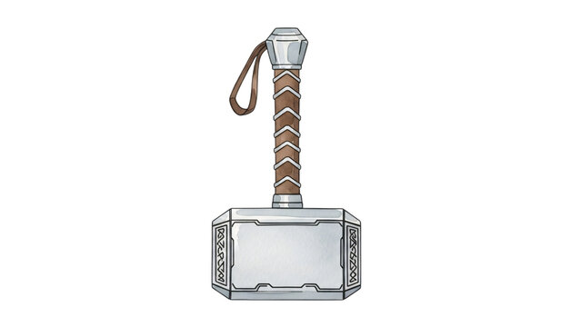 Thor thor hammer with brown leather handle and white and brown leather.