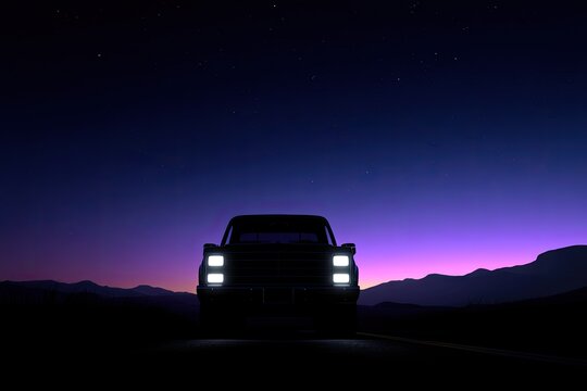 A silhouetted pickup truck sits on a road under a starry night sky with purple and blue hues