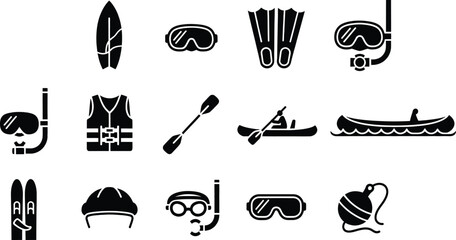 Icons set for water sports equipment and activities like surfing and diving © Milon Store