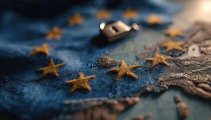 Artistic depiction of a map and flag detail, with padlock, emphasizing security and continental unity