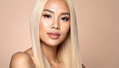 Beautiful model girl with shiny blonde and straight long hair . Keratin straightening . Treatment, care and spa procedures. Smooth hairstyle