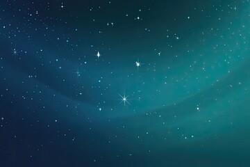 Glowing ethereal dark blue and teal night sky with scattered shimmering stars and nebulous clouds