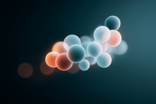 Abstract 3D Render of Floating Soft Spheres in Blue and Orange Pastel Colors With Glowing Bokeh on Dark Teal Background