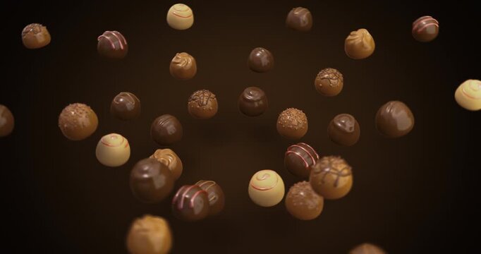 Elegant CGI animation of assorted chocolates with smooth and varied movements, presented on a dark, cinematic background.