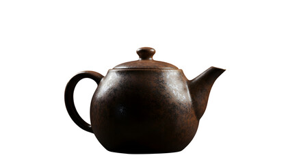 Brown, textured ceramic teapot sits in studio lighting against black. Ideal for product mockups,...