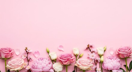 Delicate array of blooming pink and white roses, lush peonies, and vibrant cherry blossoms creating a charming floral border on a soft pastel pink background, ideal for spring themes 