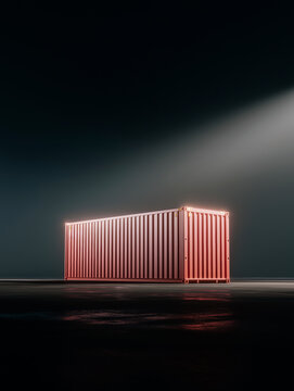 Red Illuminated Shipping Container Standing Alone in Dark Misty Landscape With Dramatic Light Beam From Above at Night