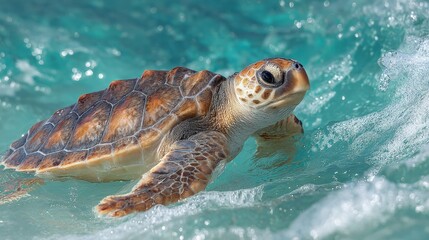 Obraz premium Baby Turtle Returning to Ocean After Wildlife Rescue Care Efforts