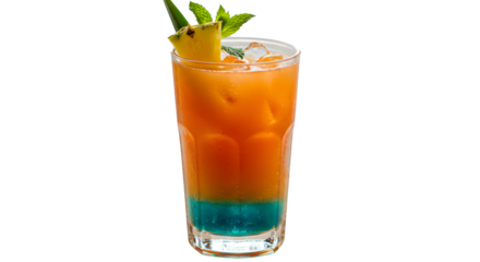 Tropical cocktail shines, layered with blue and orange, garnished with pineapple and mint. Ideal for summer menus, branding, and posters.