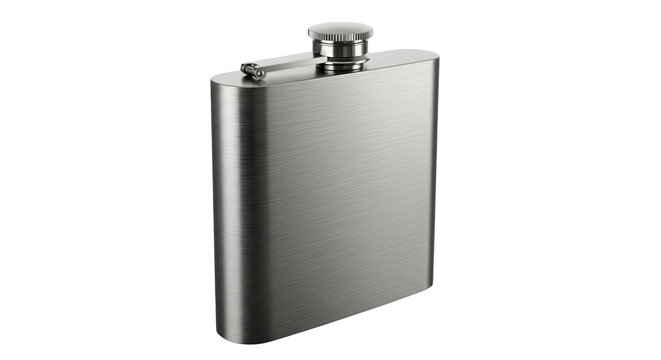 Silver flask has brushed texture and smooth surface. Isolated on black, this is perfect for mockups, product shots, and stylish branding.