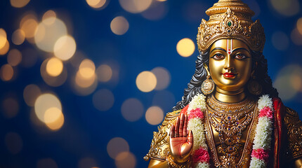 radiant golden idol of lord murugan decorated with flower garlands for the auspicious celebration of thaipusam with beautiful bokeh lighting in the background