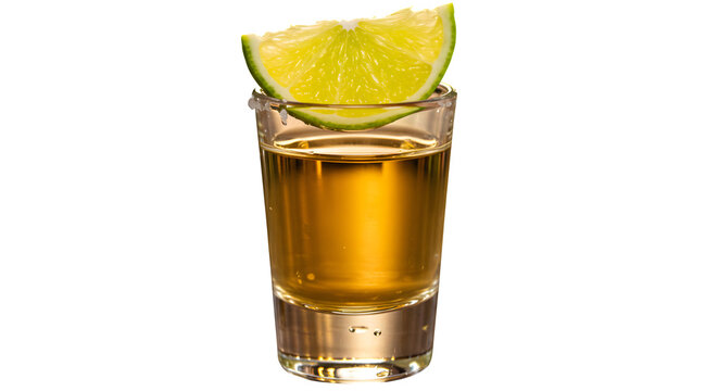 Gold Tequila in shot glass features a green lime slice; product photo for a menu, restaurant branding, bar poster.