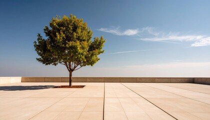 solitary tree stands against a clear blue sky, casting a shadow on a concrete surface 