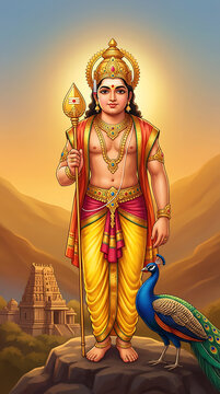 powerful lord murugan standing with his vel weapon near a traditional temple in the mountains during the vibrant religious festival of thaipusam celebrations
